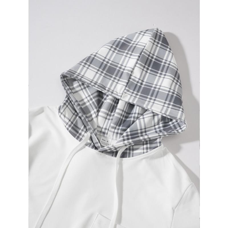 Spring and Autumn New Men's Color-blocked Plaid Casual Solid Color Long-sleeved Fake Two-piece Sweatshirt