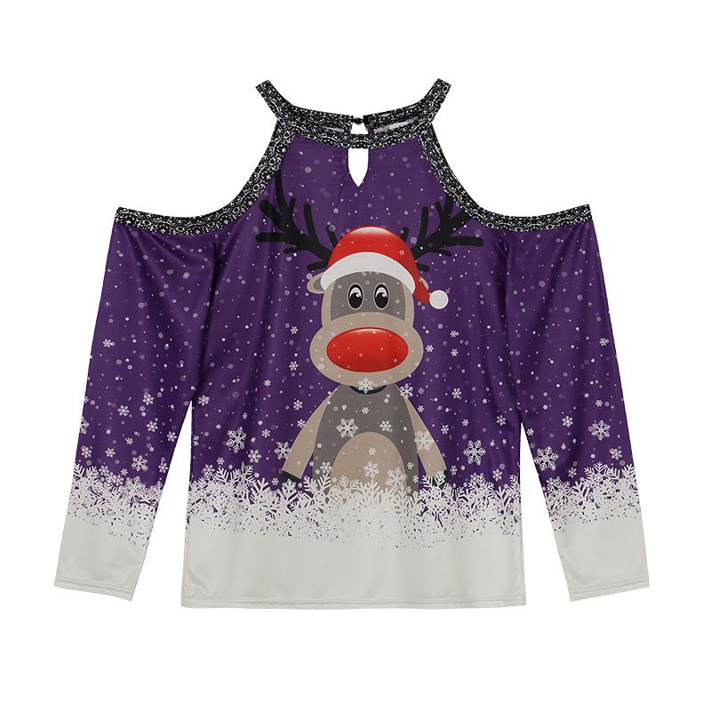 2023 European Christmas Reindeer Off-Shoulder Long Sleeve Top: Women's Casual Fashion