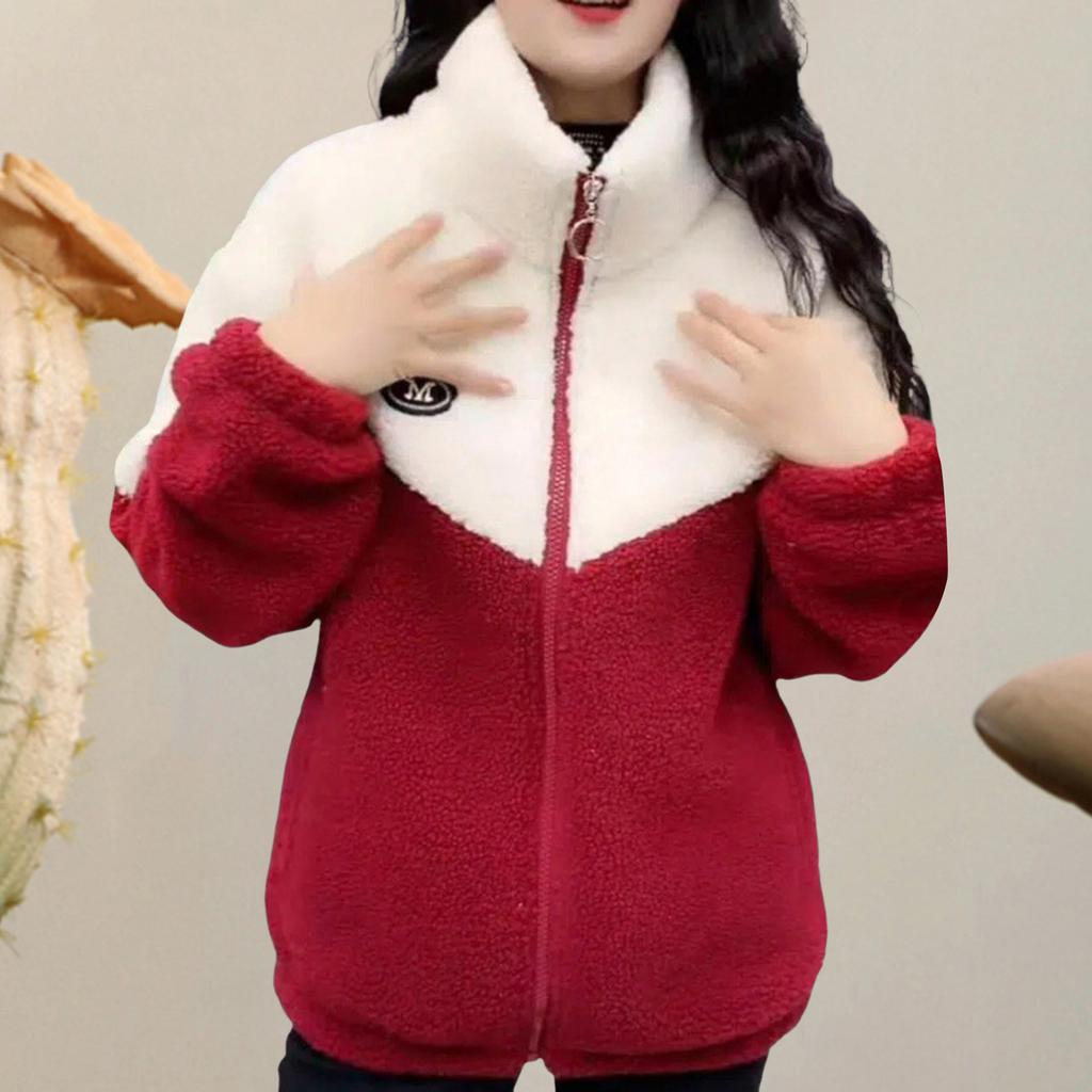 Winter Damenmantel Dick Plüsch Stehkragen Reißverschluss Samtjacke Colorblock Lange Ärmel Taschen Strickjacke Oberbekleidung