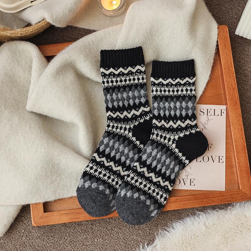 

Зимние и Осенние Винтажные Толстые и Теплые Шерстяные Носки для Детей, с Узором Волна острова Фел и Ромбами в Этническом Стиле, Носки средней длины по щиколотку 1 pair