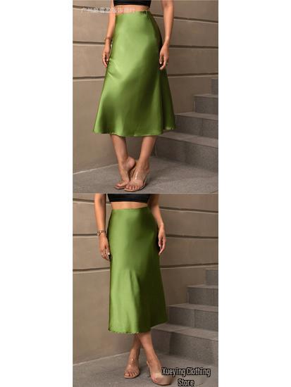 European & American Satin A-line Midi Skirt – Elegant Style, Polyester Fabric