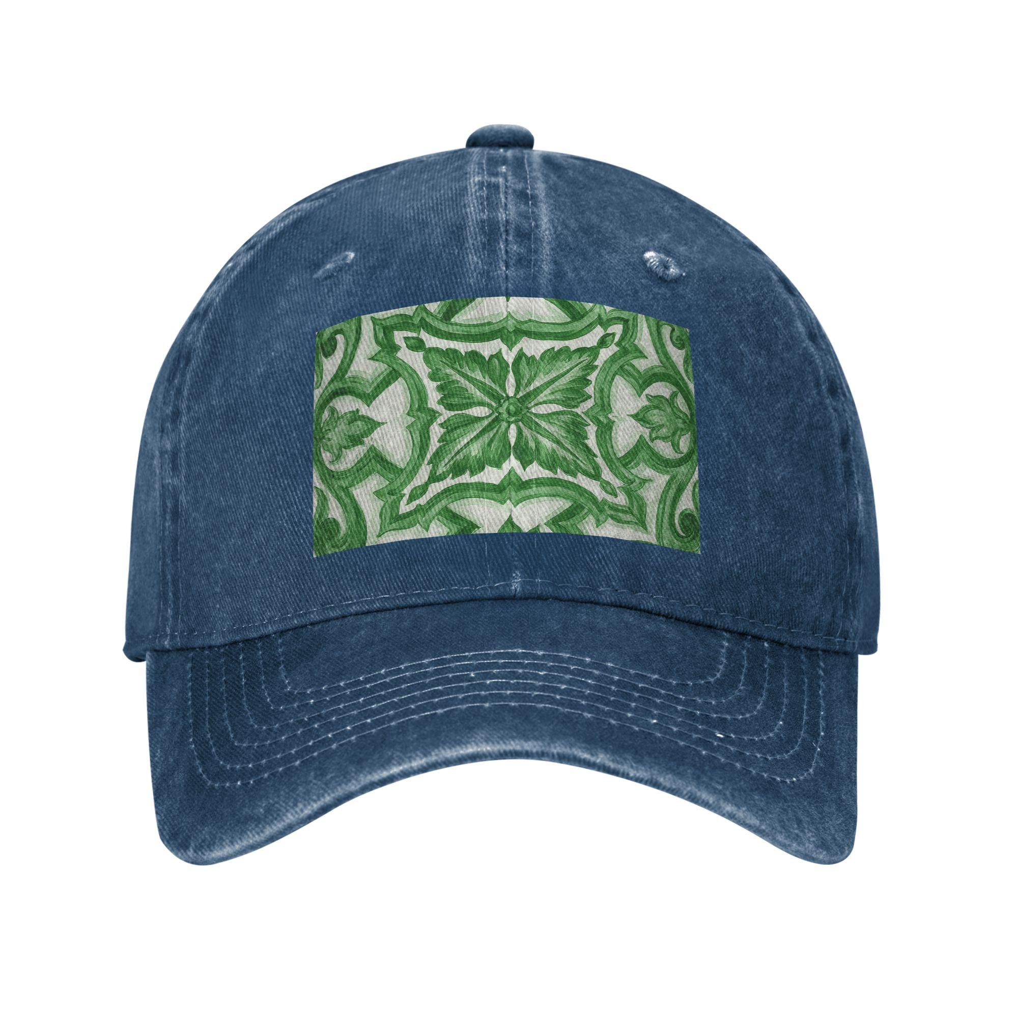 Green Ornate Floral Mediterranean Sicilian Tile Baseball Caps Fashion Washed Denim Hats Casquette Hip Hop Baseball Cowboy Hat One Size