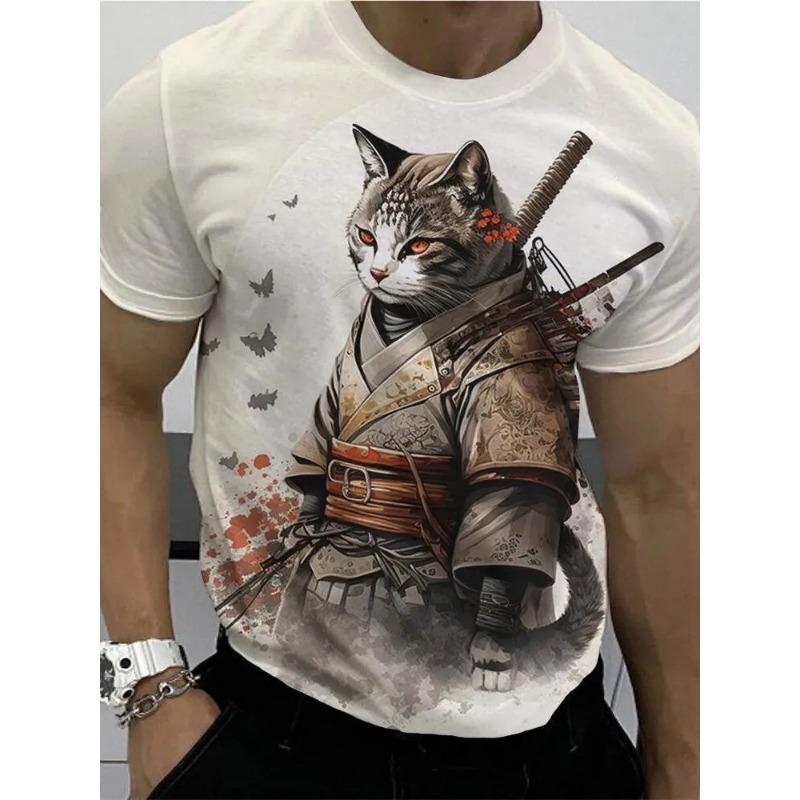 Men's TShirt Style Samurai Cat Graphic 3D Printed T-Shirt Casual Short Sleeved Tee Ersized Men Clothing Tshirt