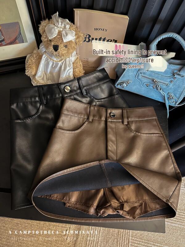 Melanoid Spicy Girl Women's High Waist A-line PU Leather Skirt, Anti-exposure, Versatile Skirt for Autumn/Winter.