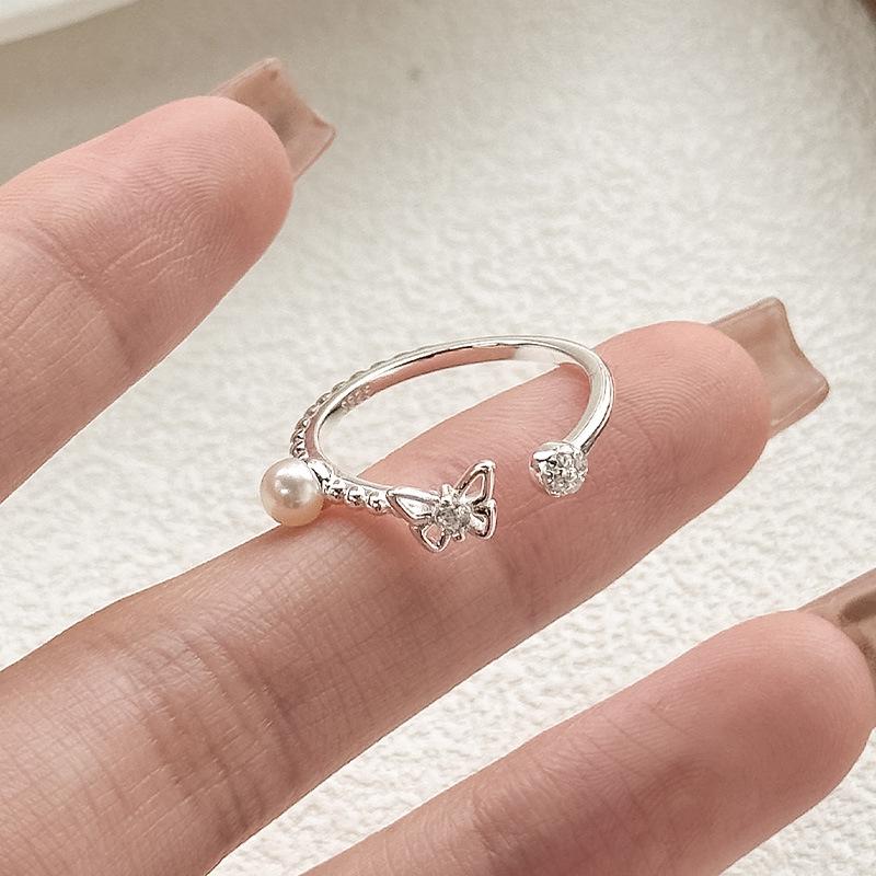 Fashionable Butterfly Zircon Open Ring Imitation Pearl Trendy Luxury Girl Finger Ring New Design Exquisite Ring Women's Jewelry