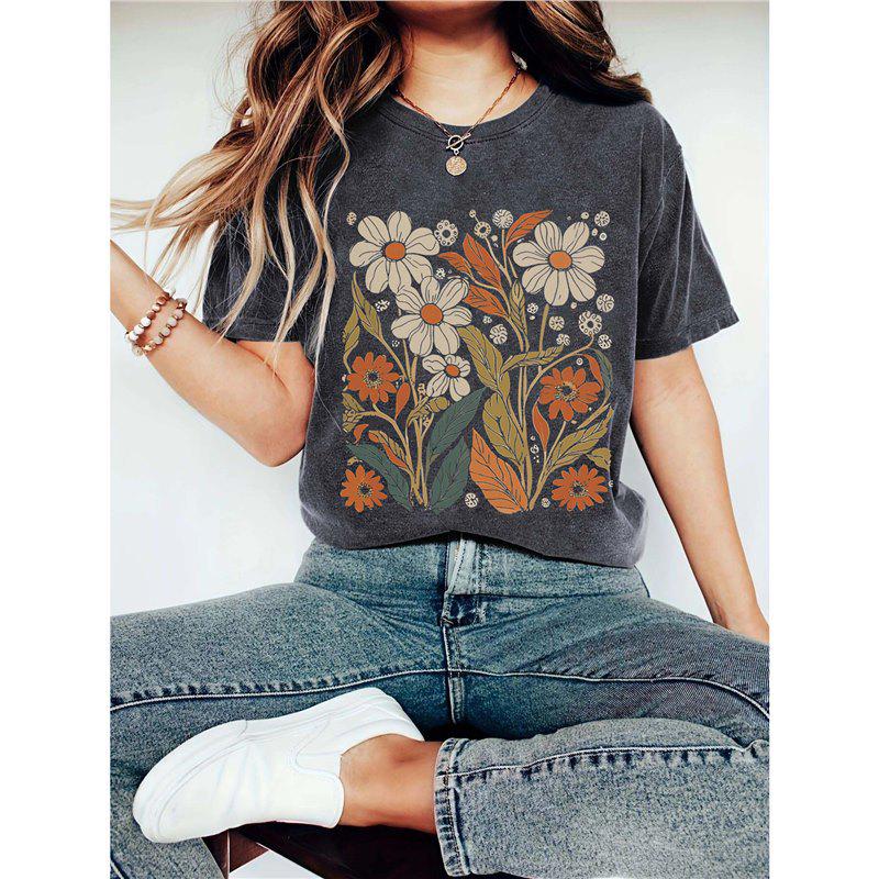 

Women s Summer Floral Print Round Neck Short Sleeve Casual Fashion T-Shirt. S