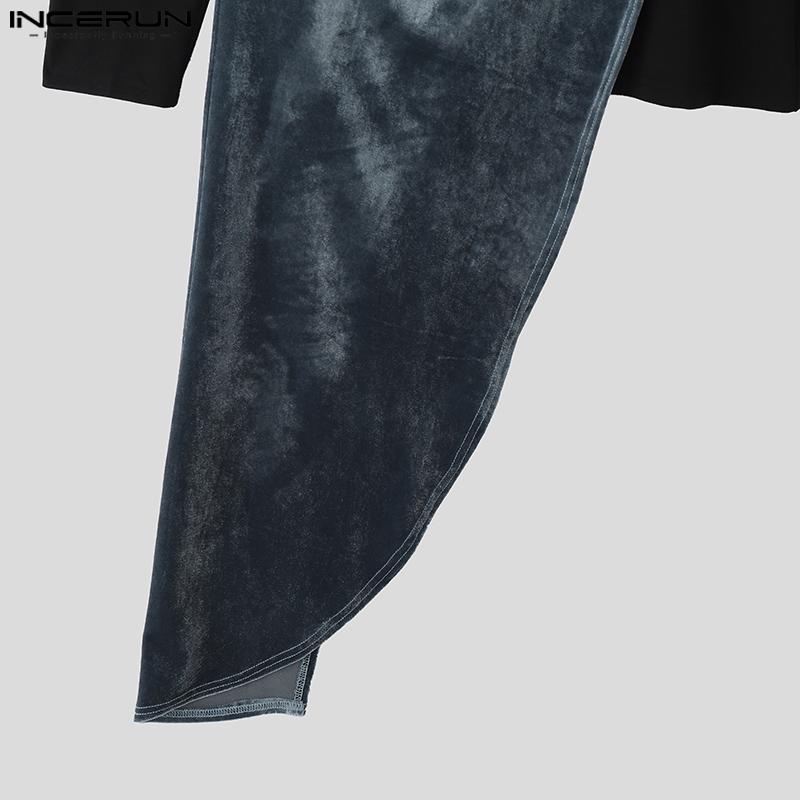 INCERUN Toamnă Bărbați Gât Înalt Mânecă Lungă Fals Două Piese Patchwork Neregulat Catifea Topuri Casual Tricouri