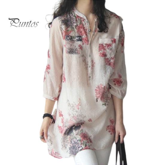 

Женская летняя рубашка с воротником-стойкой, блузка с рукавами 3/4, цветочный принт, накладные карманы, пуговицы, половина планки, топ средней длины, уличная одежда 2XL красный