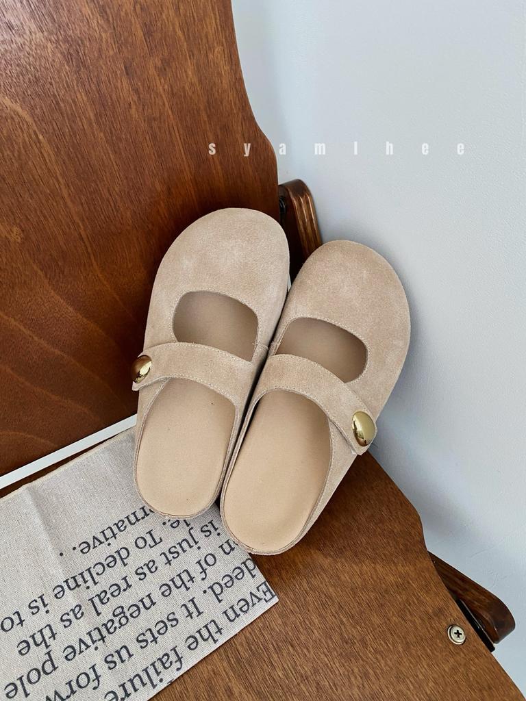 Cowhide Inner Height Increase 5cm Bag Head Slippers Women's Small Golden Bean Big Round Head Single Shoes Half Slippers