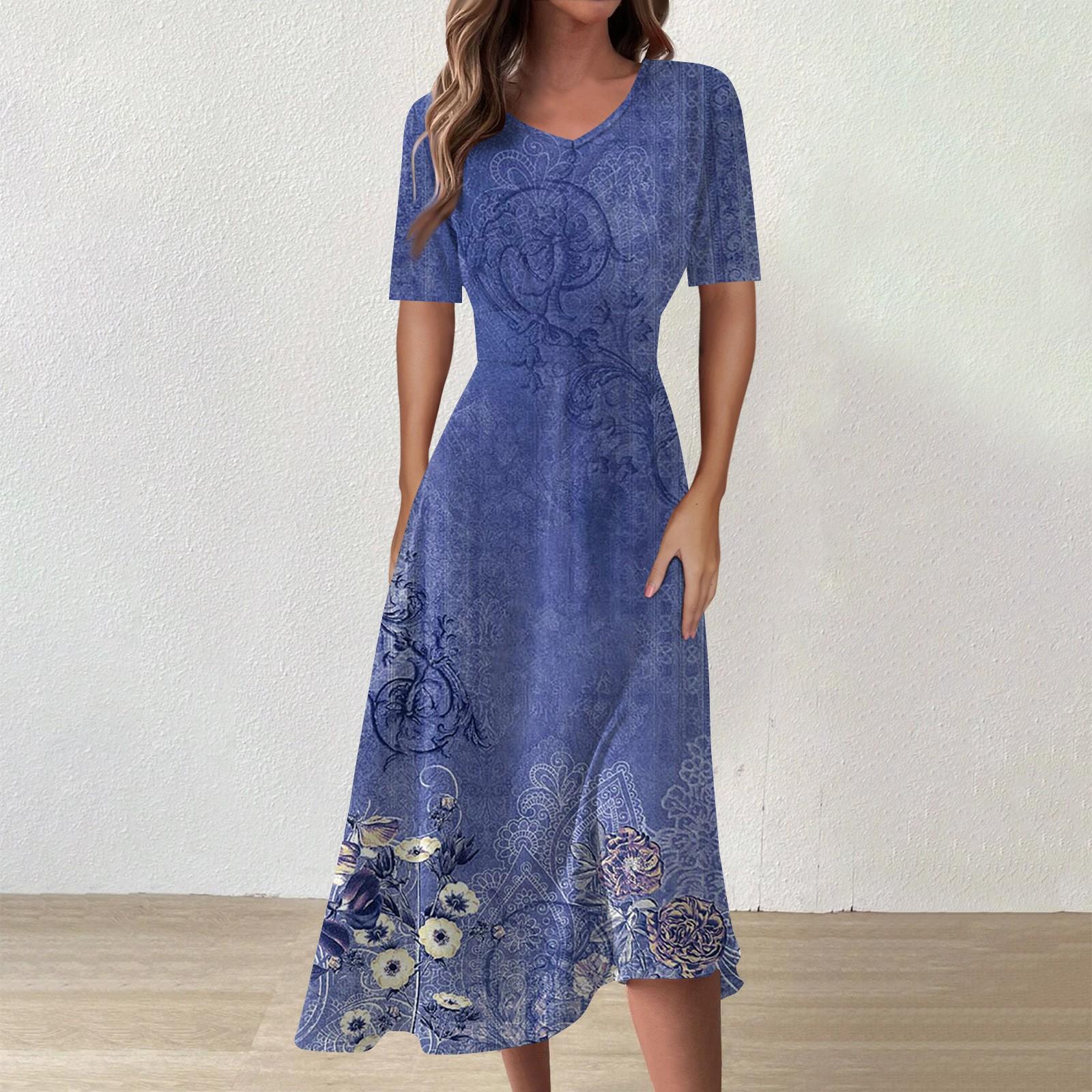 

Женское повседневное модное длинное свободное платье с v-образным вырезом и коротким рукавом на талии с цветочным принтом L синий