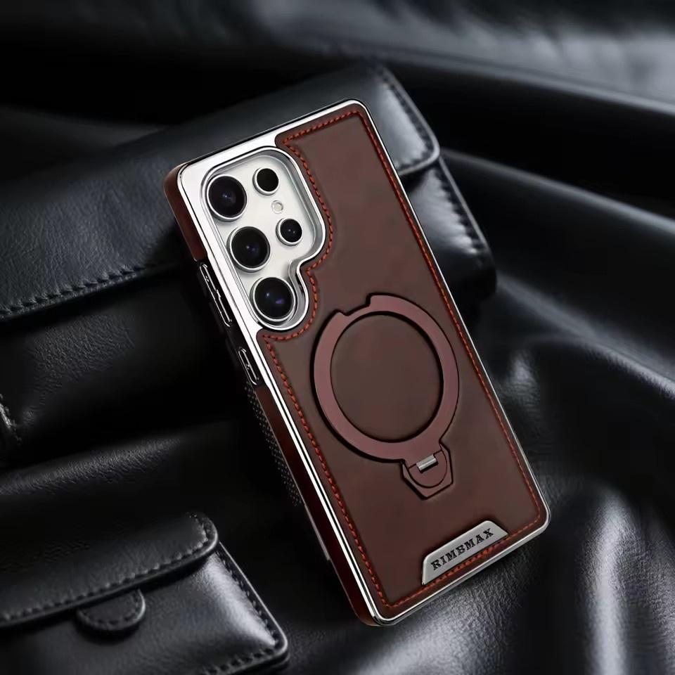 360° drehbare Halterung Lederhülle, Für Samsung Galaxy S24 S23 S25 Ultra S25Edge Kabelloses Laden Handy Schutz Rückseite