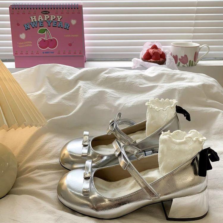 Silver Light Mouth Ballet High Heels Single Shoes Women's New Summer Skirt Round Head Mary Jane Shoes