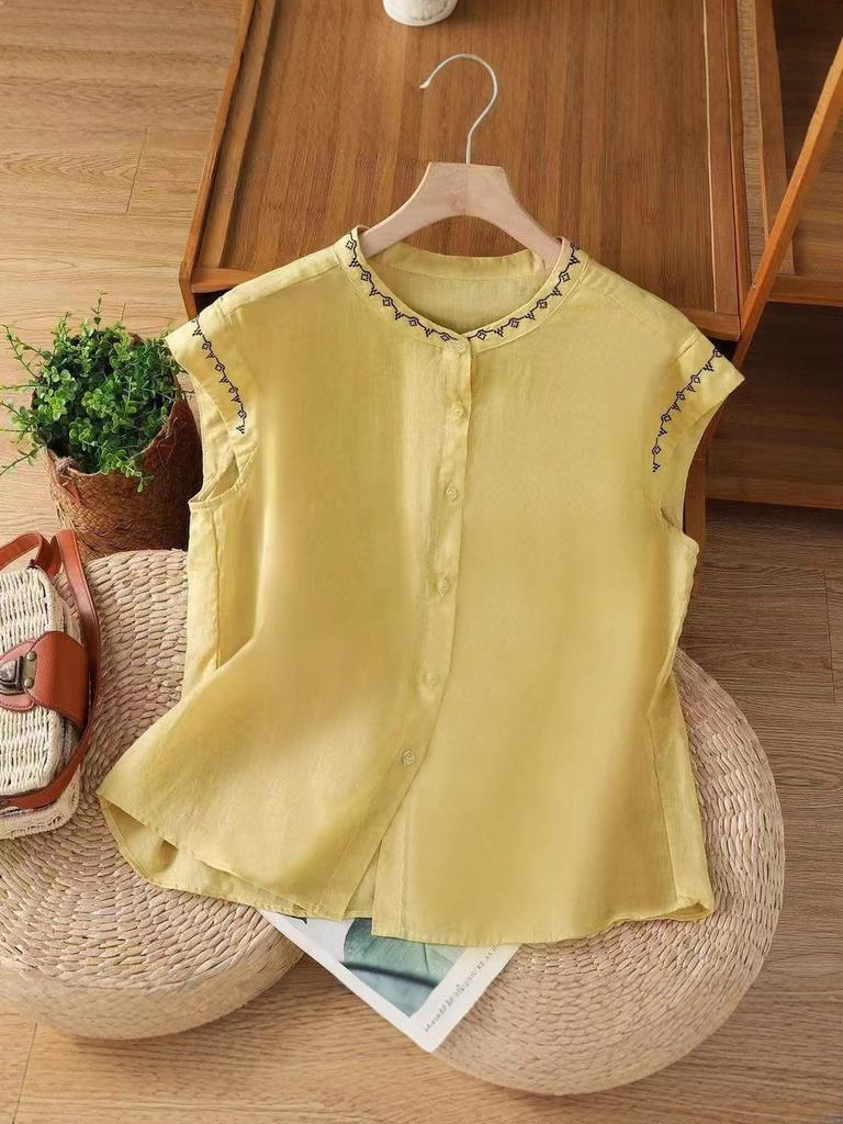 Cotton Embroidered Sleeveless Blouse For Summer Casual Women
