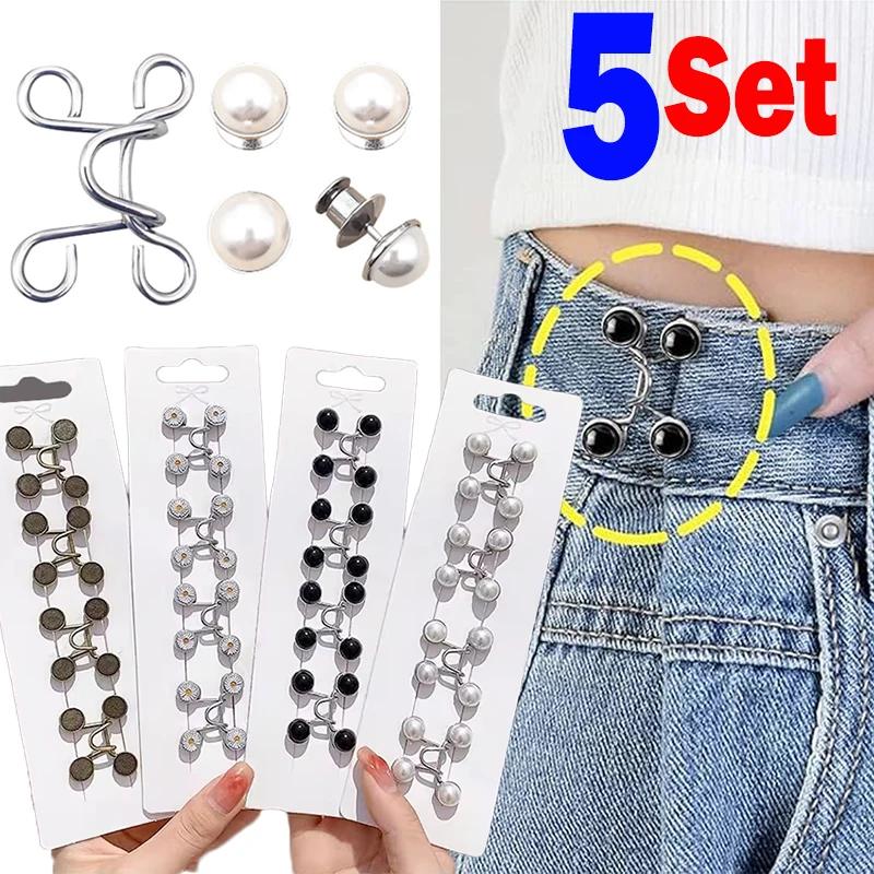 5Sets Nail-free Metal Jeans Button Snaps Detachable Pants Clips Buttons Pins DIY Waist Tightener Clothing Buckles Sewing Tools
