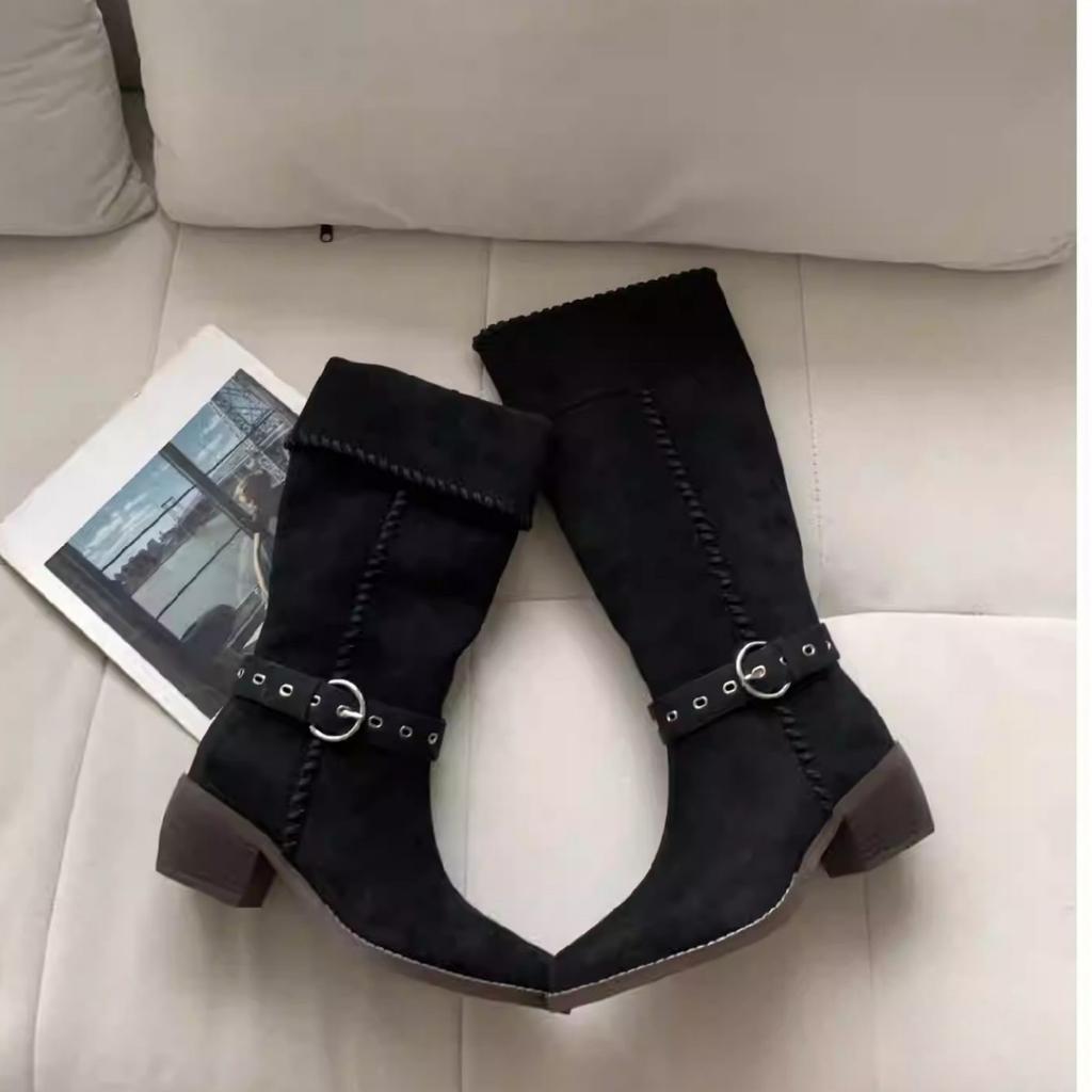 Autumn and winter new pointed braided belt buckle thick heel flanged boots suede thin
