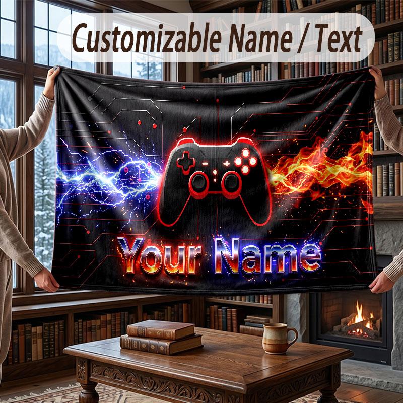 Game Controller Theme Throw Blanket Custom Name Text Personalized Blanket Soft Cozy Blanket for Home Sofa Bed