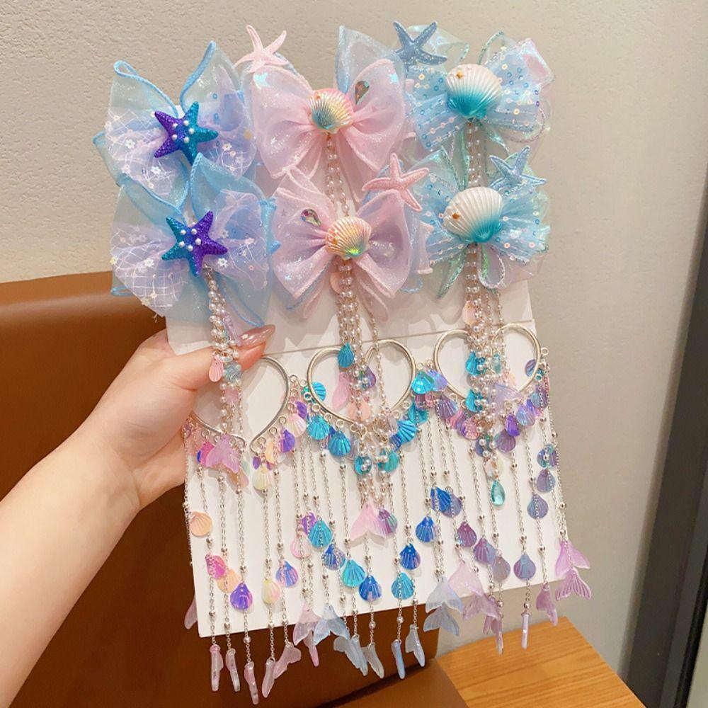 Mermaid Pearl Hair Clip Sweet Bow Accessories Fashion Tassel Forehead Chain  for Children