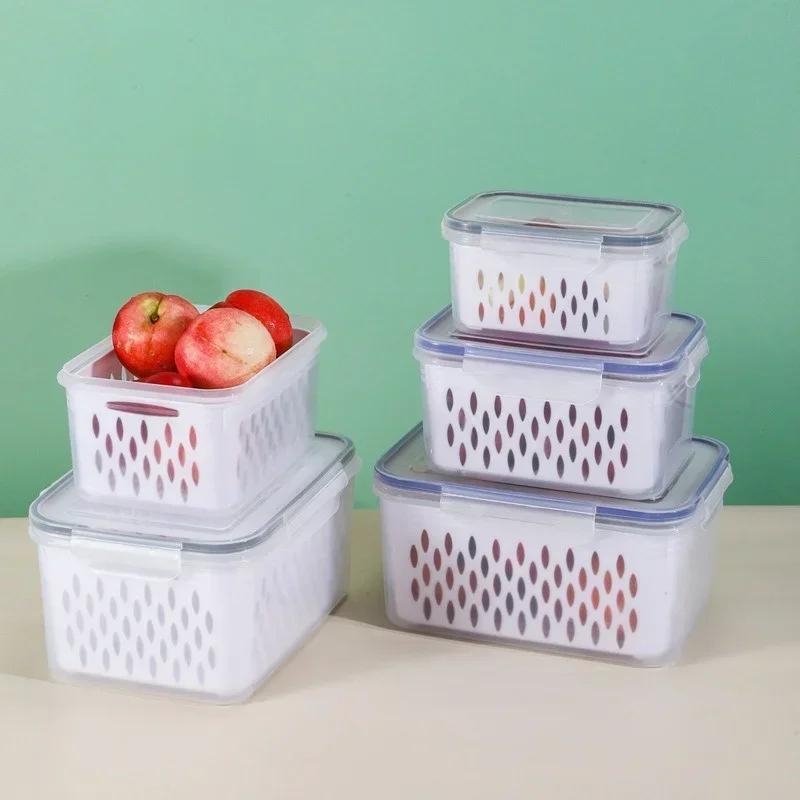 Refrigerator Preservation Storage Box Drain Basket Storage Containers Multifunctional Sealed Box Vegetable Fruit Food Organizer