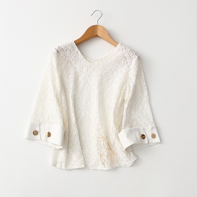 

Brick Cabinet OEM Goods Good-looking Hollow Sexy Water Soluble Lace Shirt Hollow out Tops Front and Rear Double V-neck Flared Sleeves Beige One size
