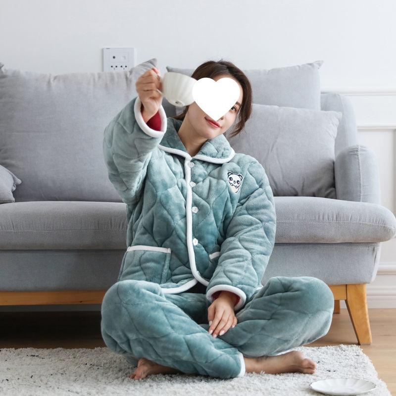Dámské pyžamo třívrstvé zesílené a roztomilé zimní lze nosit velká velikost teplé polstrované domácí oblečení