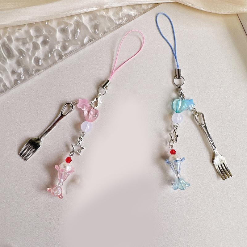Cute Beaded Fork Phone Chain Ornament Heart Beaded Cellphone Pendant Phone Lanyard Bag Charm for Fashionable Individuals