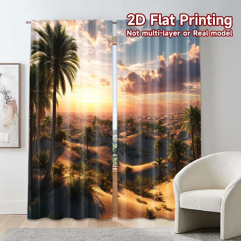 2pcs, 2D FLAT PRINTING Curtains (Without Rod) Desert Oasis Sunrise Popular Curtains Semi-Sheer Curtains Home Decor Suitable for