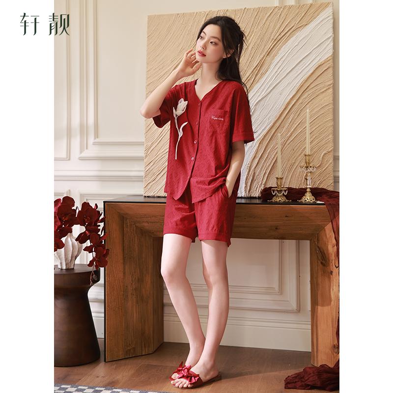 Xuan Liang Couple's Summer Knitted Cotton Short-sleeved Red Wedding High-end Men's Home Furnishing Set