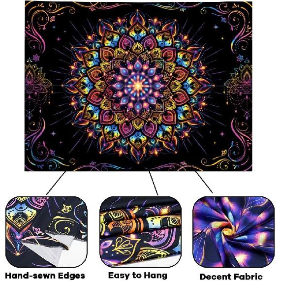 Amtoodopin Blacklight Mandala Tapestry UV Reactive Psychedelic Neon Tapestry Hippie Indian Bohemian Wall Tapestries Aesthetic Floral Tapestries Wall