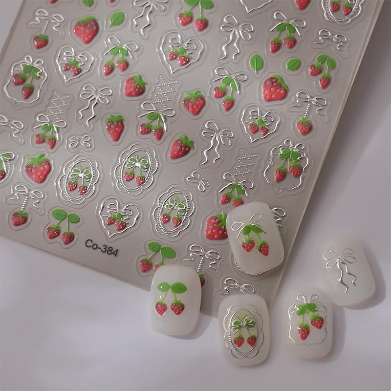 1 Sheet Chic Self Adhesive Manicure Decal Lovely Red Fruit Strawberry Bowknot 5D Nail Art Stickers Diy Accessories