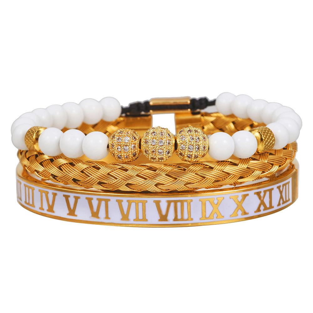 Mens And Womens Stainless Steel Skull Bracelets With Roman Numerals And Crown Motif