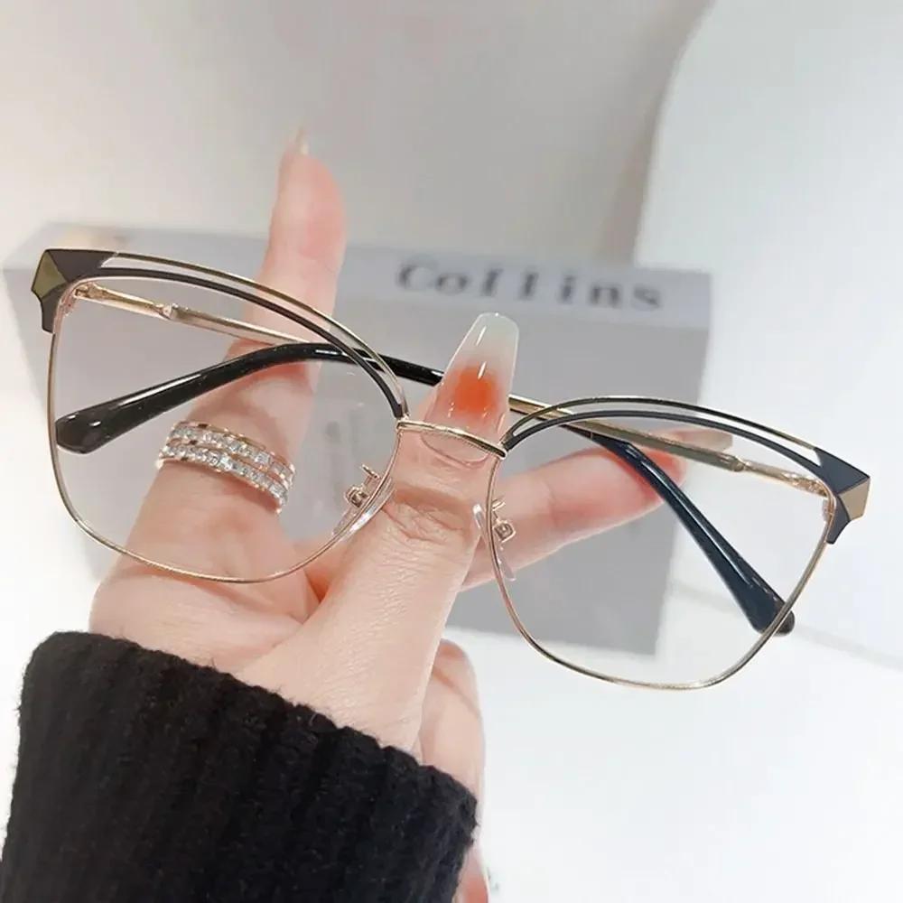 

Модные очки кошачий глаз с защитой от синего света, женские и мужские, полуквадратная полая оправа, очки для чтения за компьютером, большие оптические очки Flat light