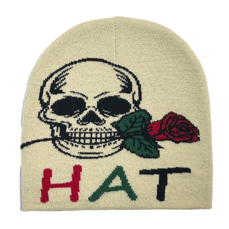 Teens Elastic Beanie Knit Skull Caps with Jacquard Skull&Rose Pattern Skiing Hat