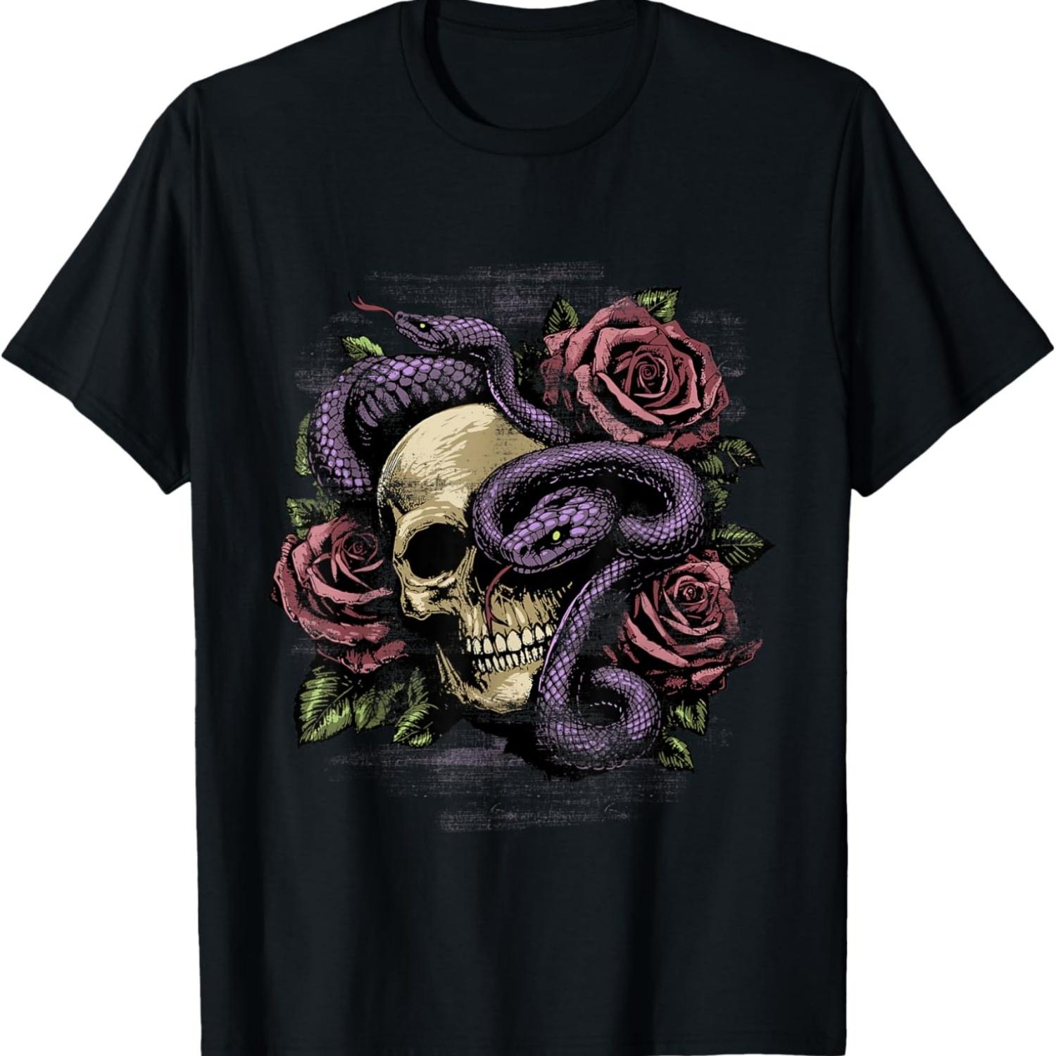 Goth Skull and Roses With Snake Serpent Old School Tattoo T-Shirt S чёрный