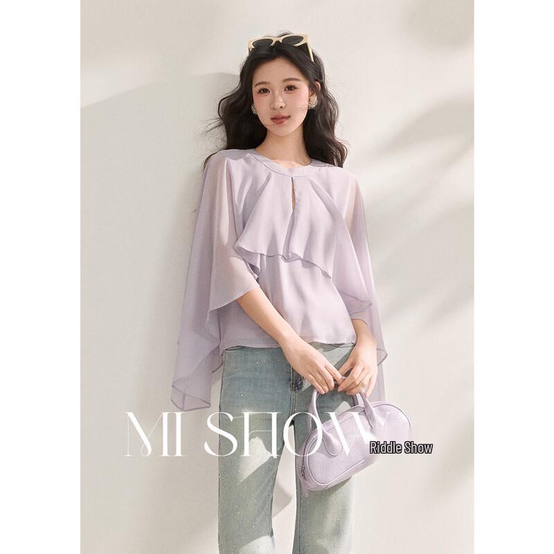 Elegant French Style Flowy Chiffon Cape Blouse M