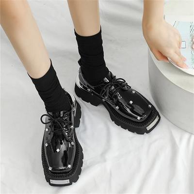 Fashion New Retro Metal Decor Women Derby Shoes Thick Sole Dress Leather Wedge Shoes Casual Loafers Black Lace-up Platform Flats Pumps