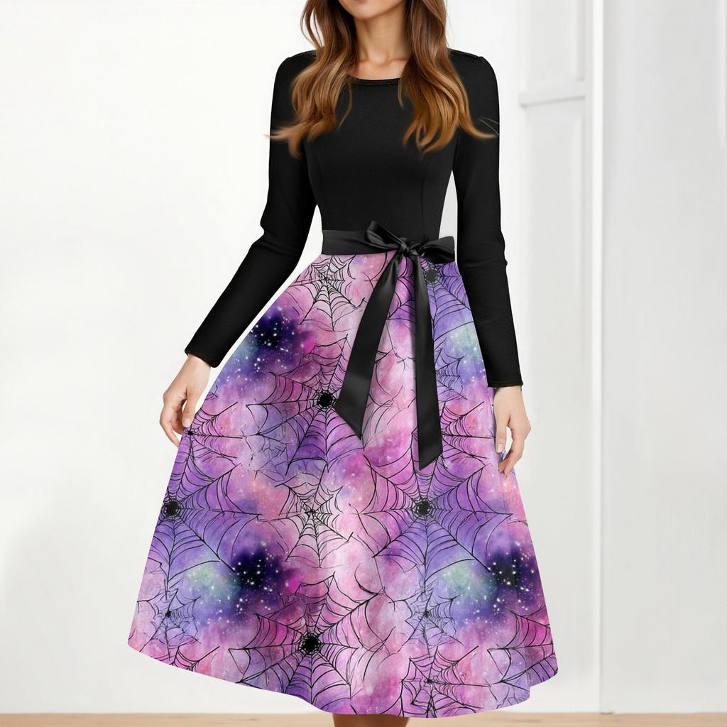 Women's Casual Fashion Halloween Printed Round Neck Vintage Dress