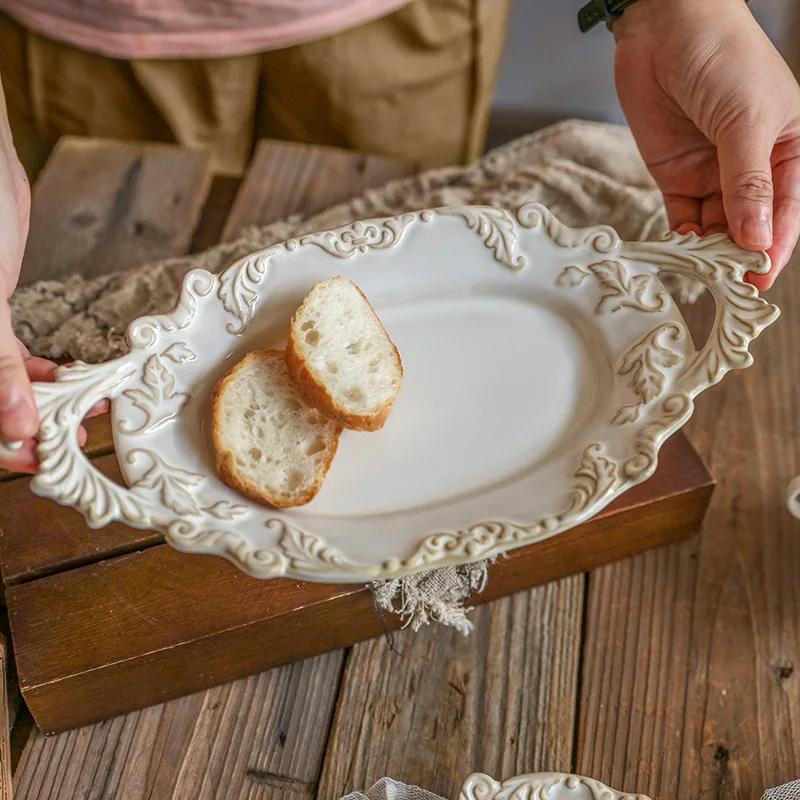 Französische Retro Reliefplatte Keramikteller für Spaghetti Binauraler Dessertteller Westlicher Speiseteller Leichte Luxus-Tischware