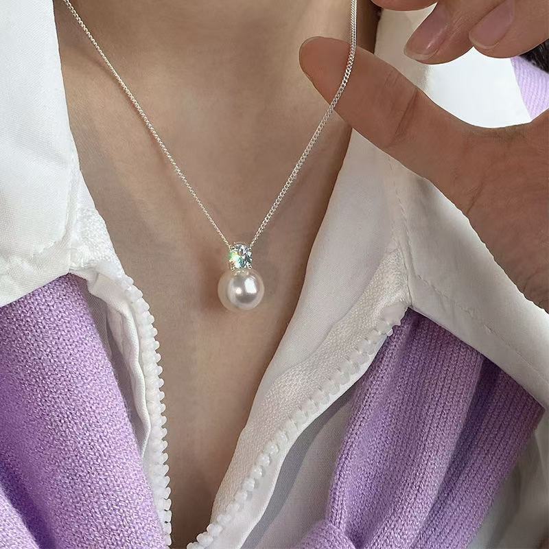 Flash Diamond Single Pearl Necklace for Women Versatile Light Luxury Niche High-end Fashion Ins Style Collarbone Chain