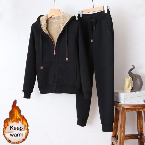 2Pcs/Set Long Sleeves Zipper Closure Elastic Waist Multi Pockets Fleece Lining Women Tracksuit