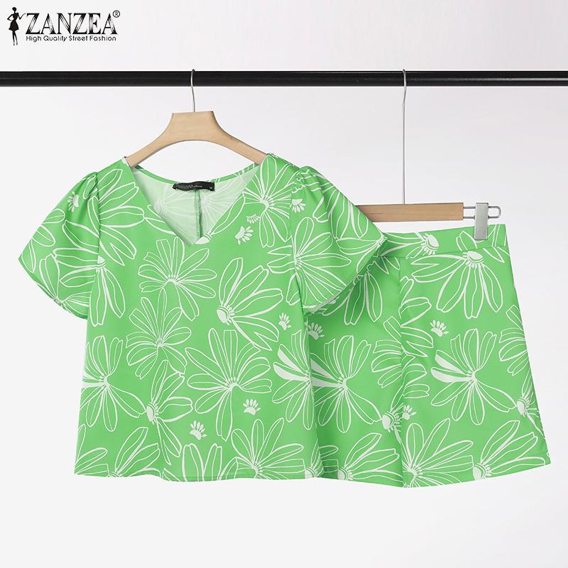 ZANZEA Women Short Sleeve Blouse and Shorts Summer Print Two Piece Suit Sets