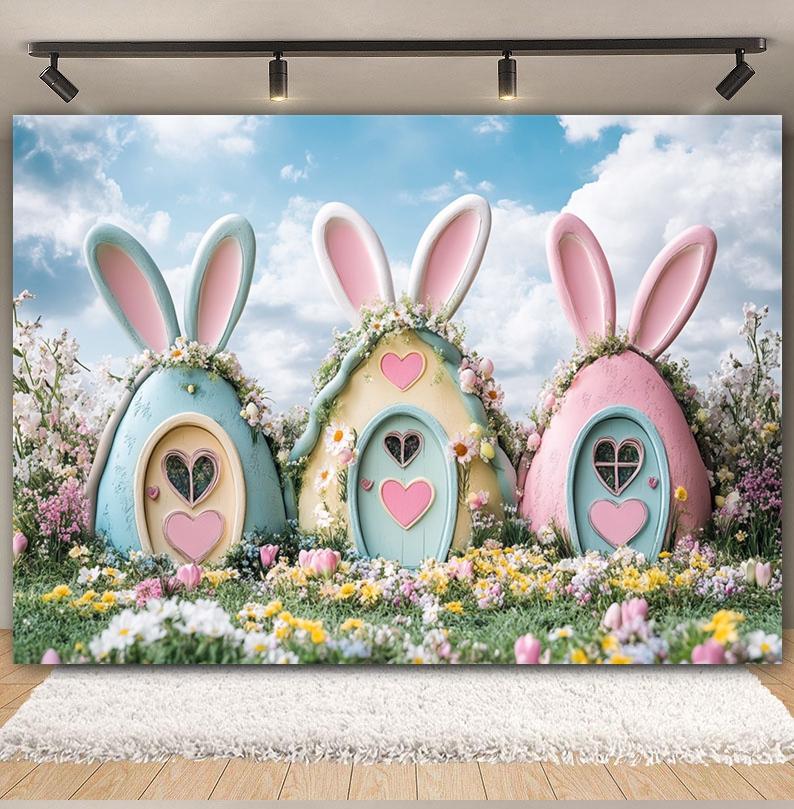 Spring Easter Cottage Colorful Egg Rabbit Photography Background Flower and Tree House Children's Birthday Decoration Backdrop
