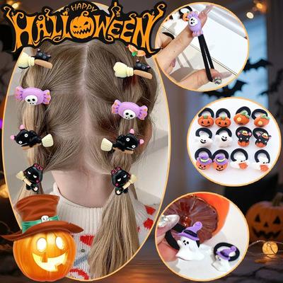 10er-Pack Niedliche Glitzernde Halloween-Haargummis für Mädchen - Gruseliges Kürbis-Geist-Fledermaus-Katzen-Design Kinder-Halloween-Geschenk