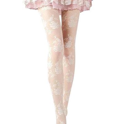 Rose Print Tight Lace Pantyhose Sexy Black White See-through Stockings