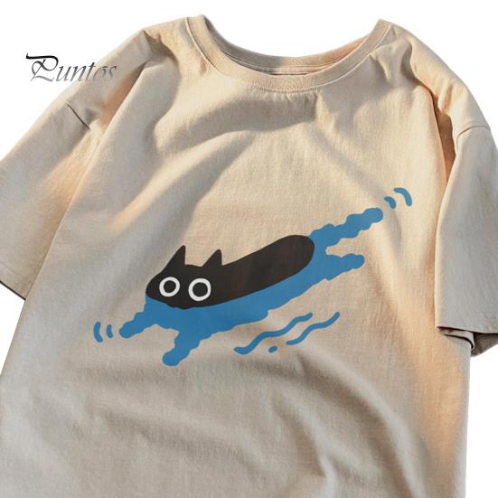 Par Casual T-skjorte Tegneserie Svart Katt Trykk T-skjorte Rund Hals Løs Sommer Topp for Menn Kvinner Hjem Gym Streetwear