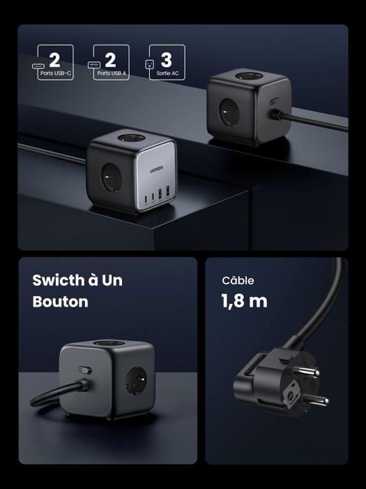Multiprise - Ugreen - 60113 - 3 prises AC - 2 USB C - 2 USB A - 65W