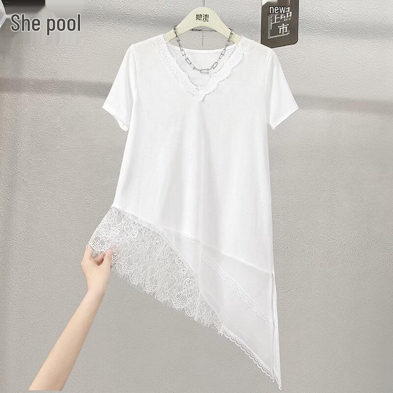 Women s V-Neck Lace Patchwork Short Sleeve T-Shirt One Size белый