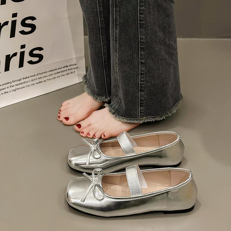 Fashion Fashion Bow Mary Jane Flat Shoes for Women Spring New Design Soft Sole Ballet Single Shoes Woman Elegant Silver Leather Flats