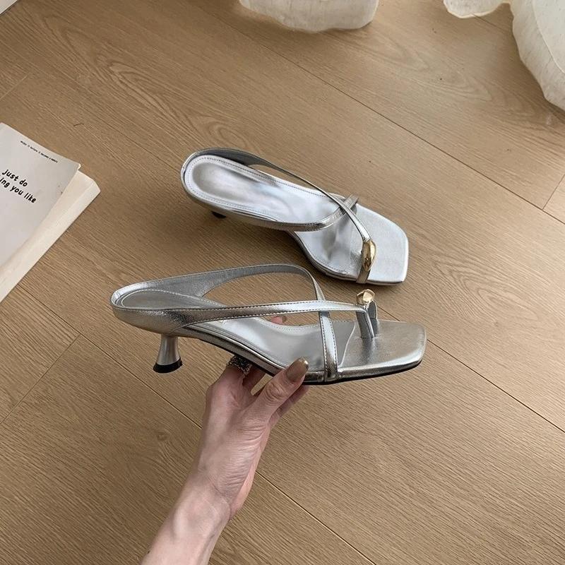 Designer Summer Metal Clip Toe Women Slippers Fashion High Heel Dress Shoes Ladies Outdoor Gladiator Sandalias ·