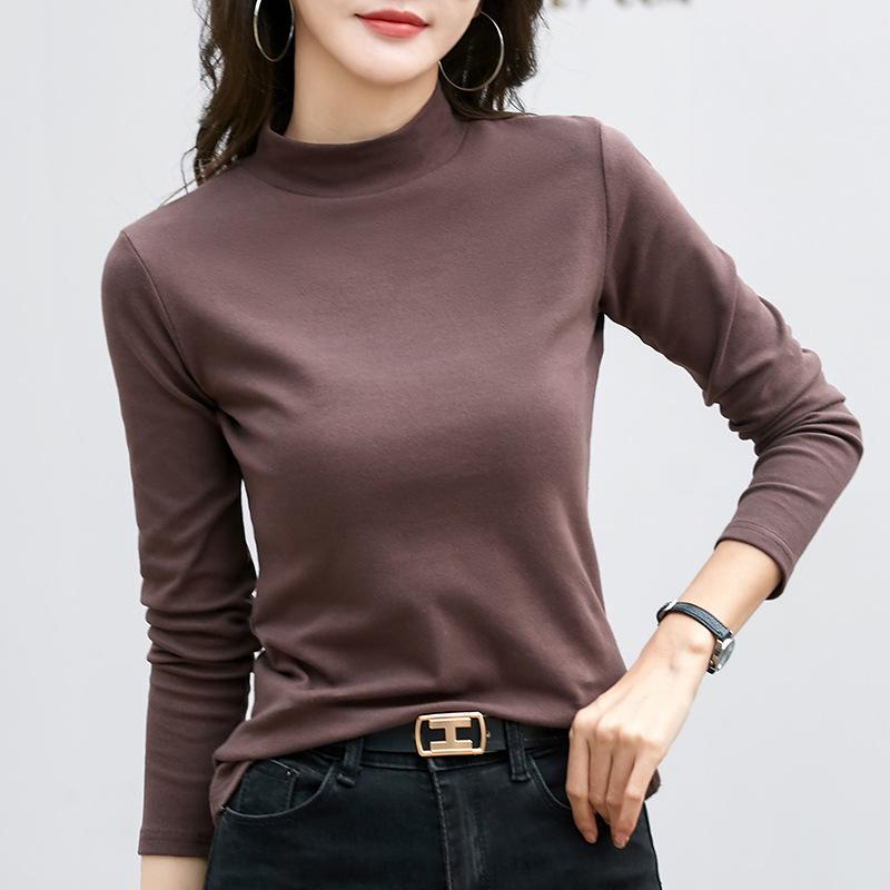 

Весенне-осенняя женская блузка, тонкая, с полувысоким воротником, однотонная блузка с длинными рукавами, нижняя рубашка 3XL кофейный