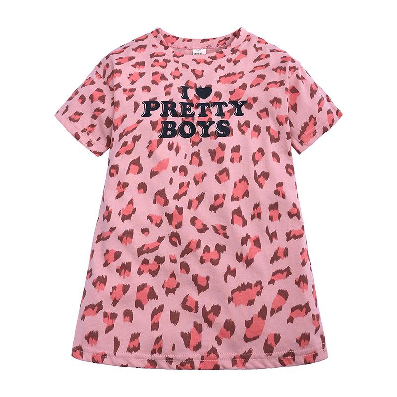 Girls Summer Short Sleeve Leopard Print Letter Dress Long T Shirt Dress for Toddlers 80